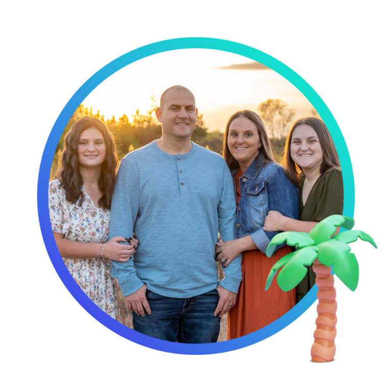 Smiling family and an image of a palm tree in the lower right.