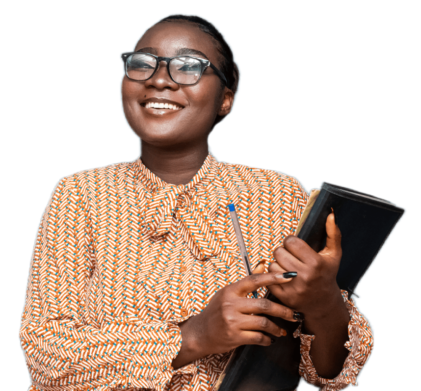 Smiling woman wearing glasses holding a notebook.